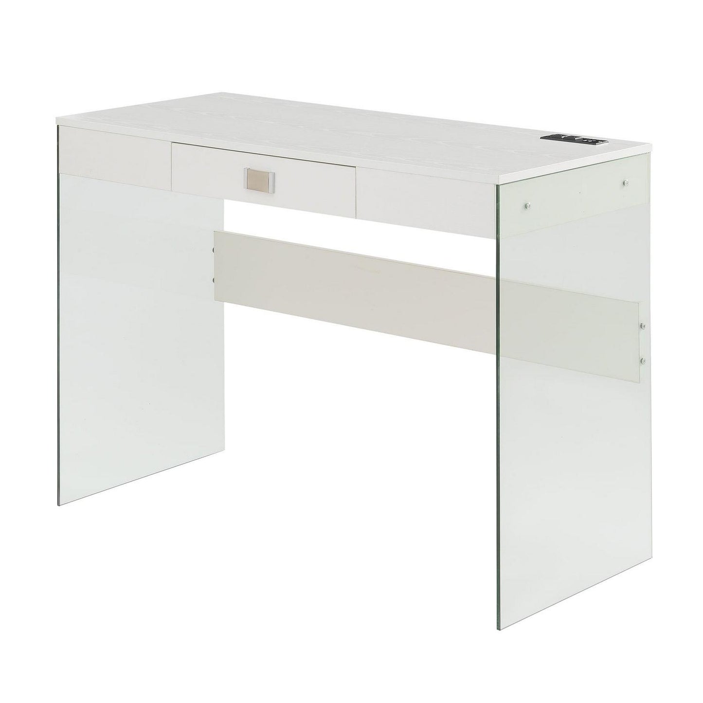 Convenience Concepts SoHo 30′′H 42′′ W Glass Desk with Charging Station. White/Glass. All Ages