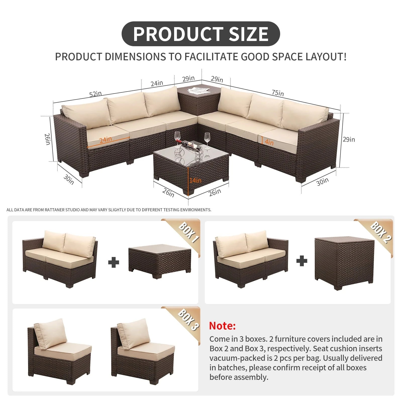 Waroom 6 Pieces Outdoor Furniture Patio Set with Storage Box,Glass Coffee Table,Khaki