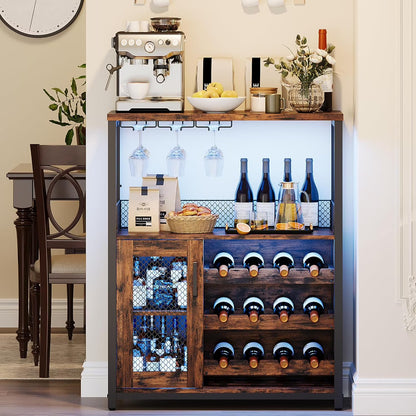 Wine Bar Cabinet, Liquor Storage Cabinet with Detachable Wine Rack, Small Coffee Bar with Glass Holder & Mesh Door, Buffet Sideboard for Dining Room, Kitchen, Living Room, Grey