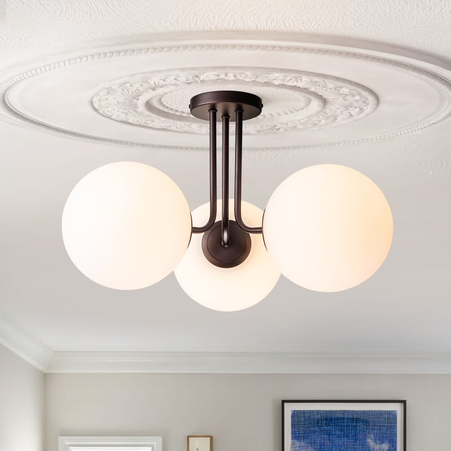 OYIPRO 3 - Light 22'' Modern Sputnik Globe Glass Semi Flush Mount Light Gold/Clear Glass