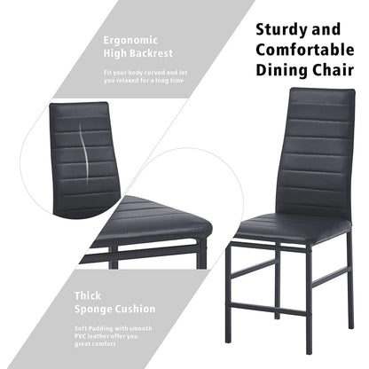 Dining Table Set for 4, 5 Piece Kitchen Table and Chairs with Black Tempered Glass Table Top and 4 Black Faux Leather Metal Frame Chairs,47.2" x 27.5" x 29.5"