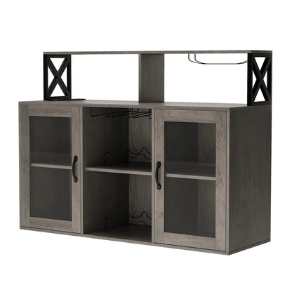 Bar Cabinet with Storage Shelves, Coffee Bar Cabinet with LED Lights, Liquor Cabinet with Wine Rack and Glass Goblet Holder, Kitchen Sideboard Buffet Cabinet for Home, Kitchen, Dining Room
