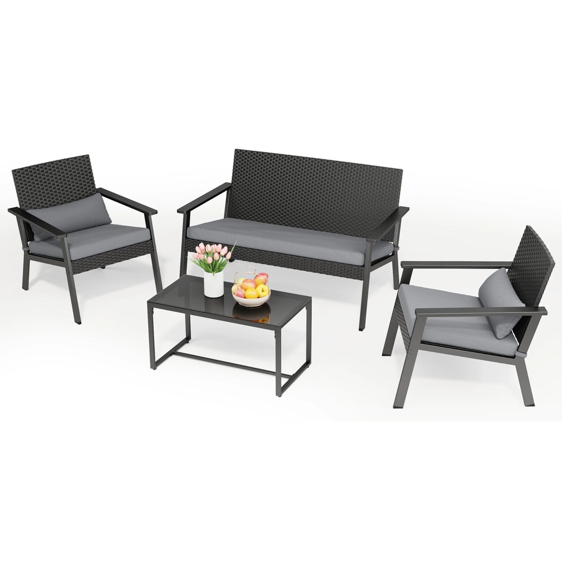 Lofka Outdoor Patio Furniture Set Clearance with Wicker Chairs and Tempered Glass Table for Balcony|Garden|Porch, Gray Cushions