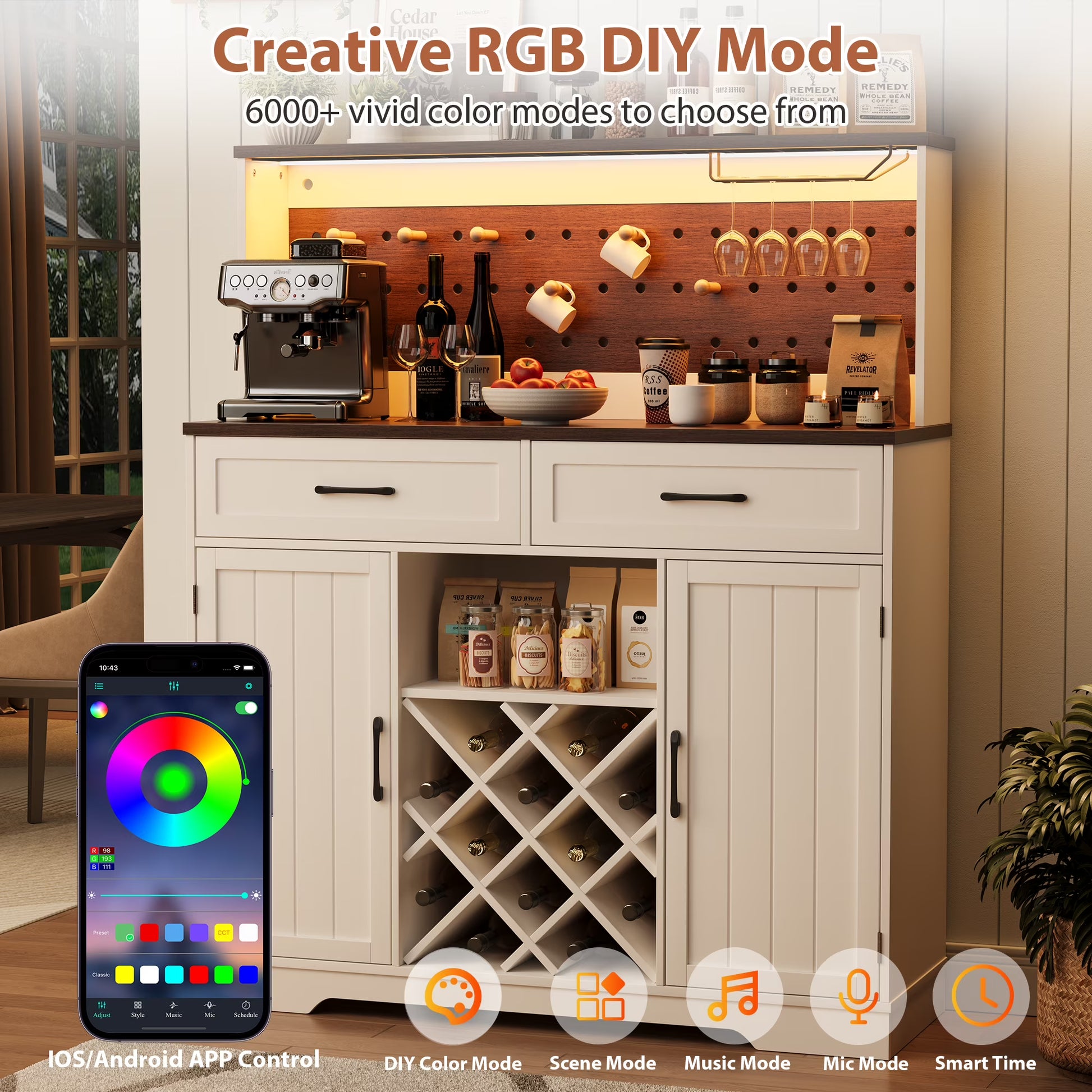 LAFGUR 72" Kitchen Storage Cabinet with Power Outlet & LED Light, Coffee Bar Cabinet with Drawers & Wine Glass Rack,Sideboard for Home,White