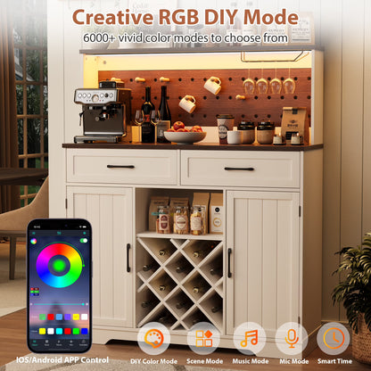 LAFGUR 72" Kitchen Storage Cabinet with Power Outlet & LED Light, Coffee Bar Cabinet with Drawers & Wine Glass Rack,Sideboard for Home,White