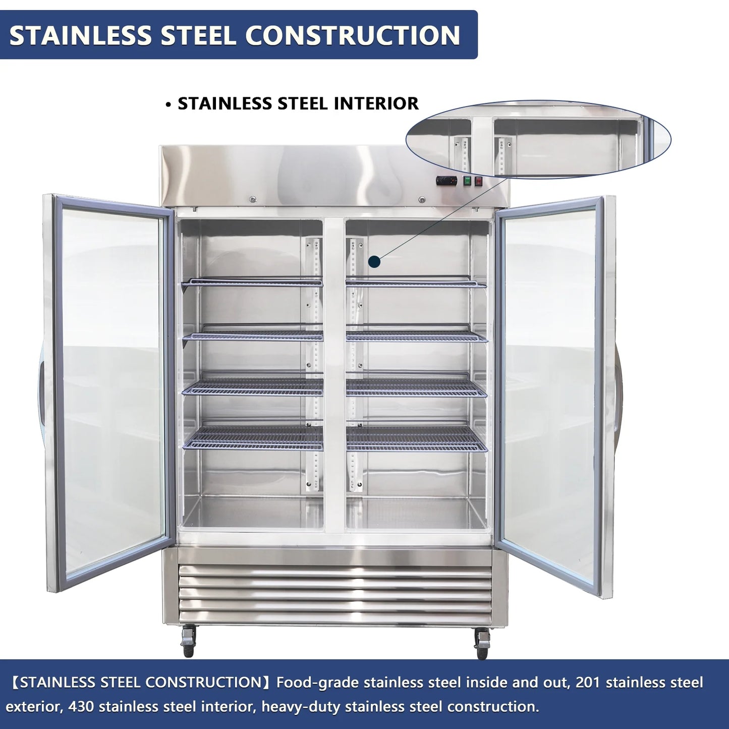 54"W Commercial Refrigerator 2 Glass Door Stainless Steel Interior and Exterior Construction Display Refrigerator 42.2 Cu.ft. Reach-in Merchandising Refrigerator Upright Fan Cooling Merchandiser
