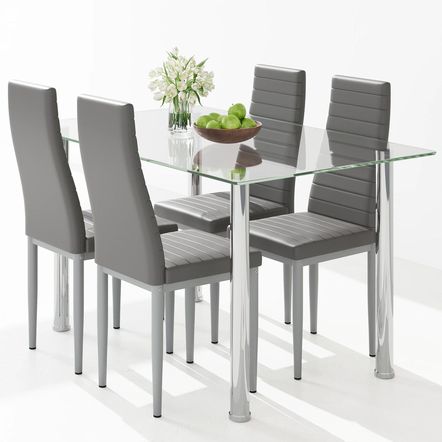 PAPROOS Dining Table Set for 4, Modern Kitchen Table Sets with Tempered Glass Dining Table and 4 PU Leather Chairs, Compact Dining Room Set for Small Space, Home Dinette Set for 4, Gray