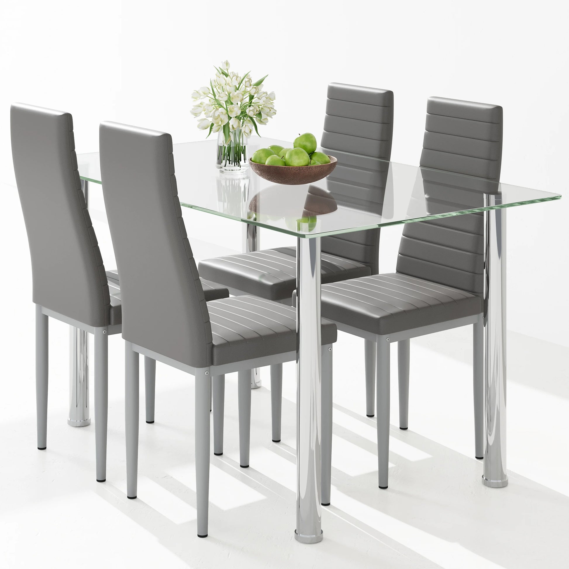 PAPROOS Dining Table Set for 4, Modern Kitchen Table Sets with Tempered Glass Dining Table and 4 PU Leather Chairs, Compact Dining Room Set for Small Space, Home Dinette Set for 4, Gray