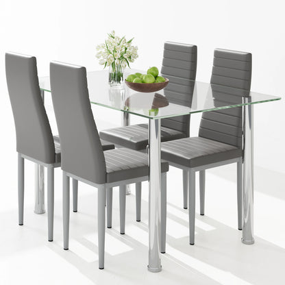 PAPROOS Dining Table Set for 4, Modern Kitchen Table Sets with Tempered Glass Dining Table and 4 PU Leather Chairs, Compact Dining Room Set for Small Space, Home Dinette Set for 4, Gray