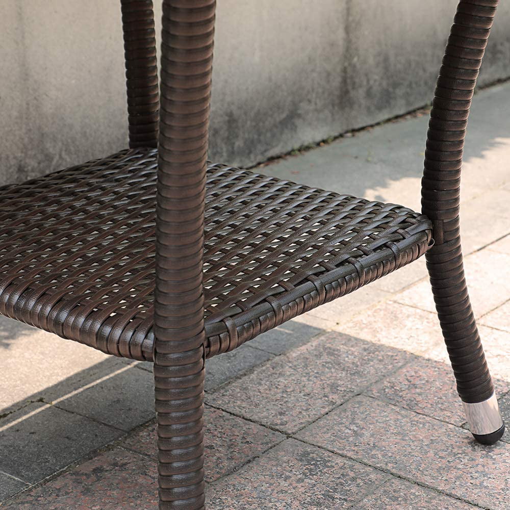 Outdoor End Table Rattan Square Glass Top, Aluminum Frame, Espresso Brown