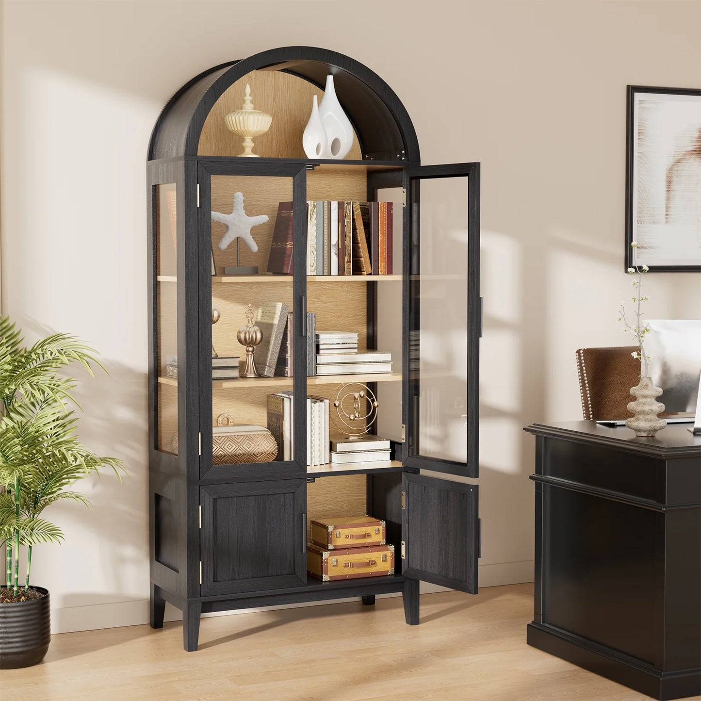 BROTTAR 71" Tall Arched Display Cabinet with Glass Doors, Kitchen Pantry with 3 Color LED Lights & Human Body Sensor, 5-Tier Bookcase for Living Room, Dining Room, Black