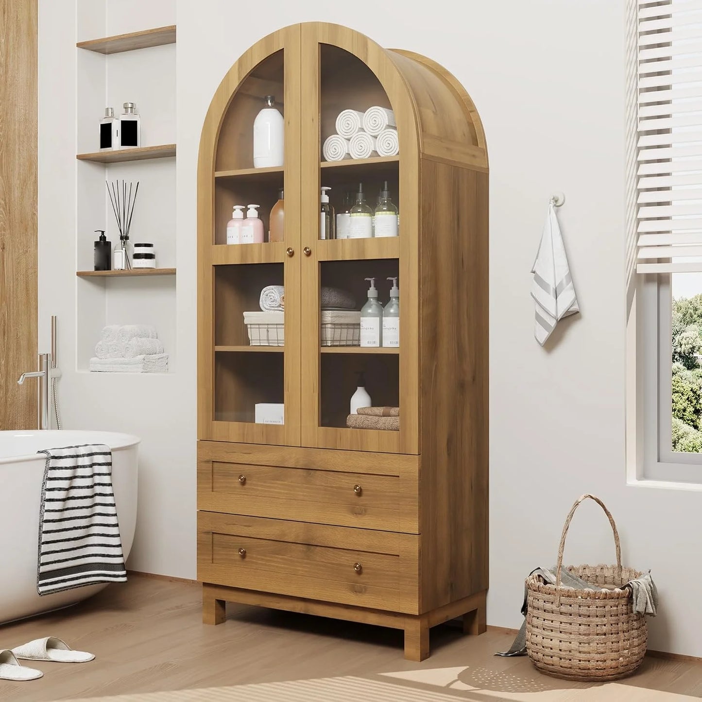 Litake 71" Tall Arched Bookshelf, Modern Bookcase with 2 Drawers, Glass Door and Adjustable Shelf, Wooden Display Cabinet, Versatile Bookshelf Kitchen Storage Pantry for Living Room, Bedroom- Natural