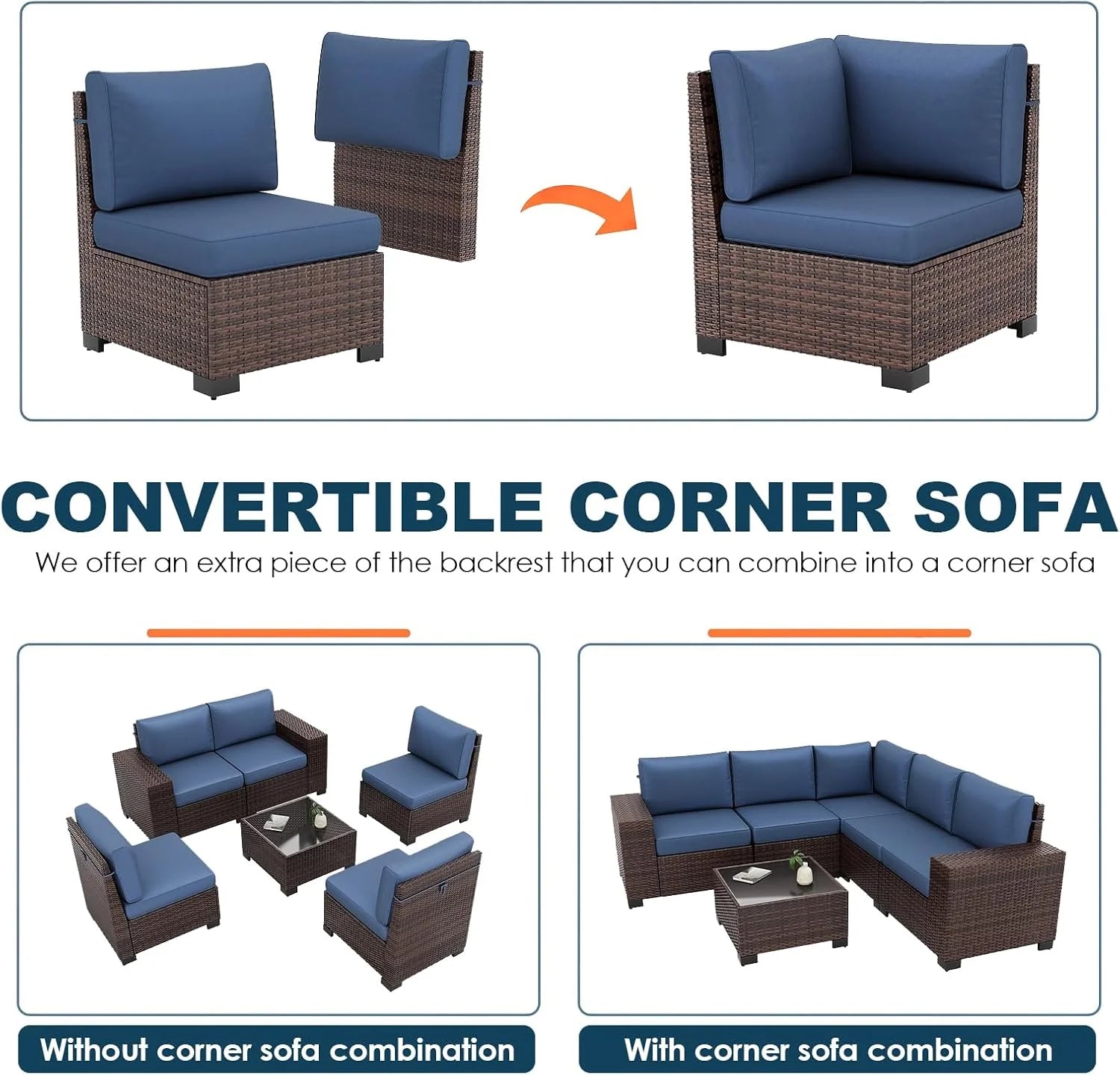 ELPOSUN Outdoor Sectional Furniture Set 6-Piece Brown Rattan Wicker Conversation Sofa Set with Glass Top Table and Waterproof Covers,Blue Cushions