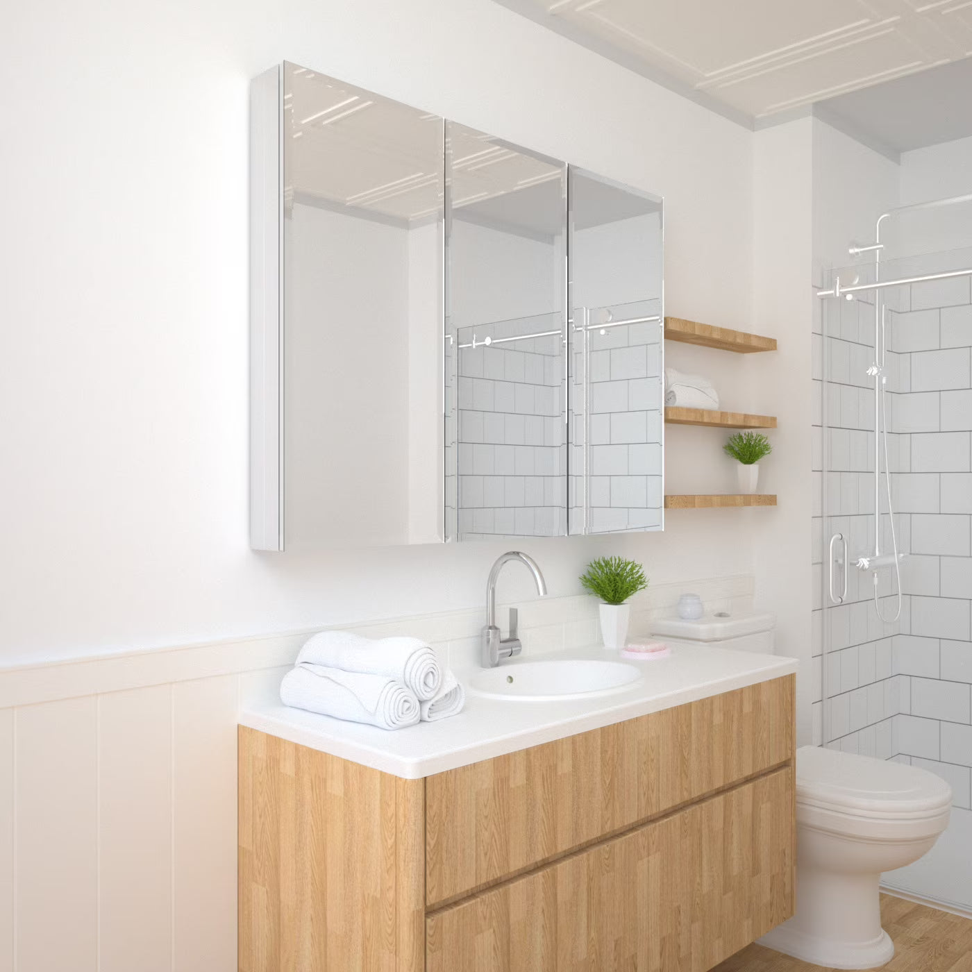 Taimei 48" W x 36" H x 4°?D Aluminum Medicine Cabinet with Three(3) Frameless Beveled Mirror Doors, Interior Mirrors,Color Satin, Adjustable 3 Glass Shelves, Soft Closure. By: FOCA US