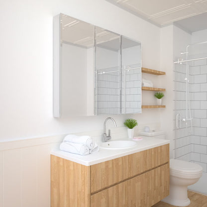Taimei 48" W x 36" H x 4°?D Aluminum Medicine Cabinet with Three(3) Frameless Beveled Mirror Doors, Interior Mirrors,Color Satin, Adjustable 3 Glass Shelves, Soft Closure. By: FOCA US