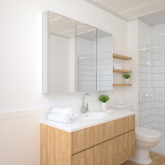 Taimei 48" W x 36" H x 4°?D Aluminum Medicine Cabinet with Three(3) Frameless Beveled Mirror Doors, Interior Mirrors,Color Satin, Adjustable 3 Glass Shelves, Soft Closure. By: FOCA US
