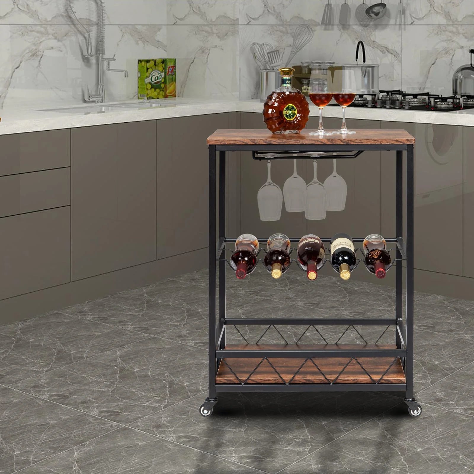 Ktaxon 3 Tier Kitchen Trolley Bar Carts for Home Bar Serving Cart w/Wine Rack & Glass Holder, Wheels, Vintage Brown