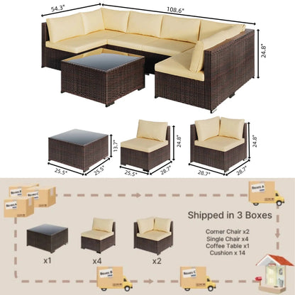 Patio Furniture Set Clearance Lofka Outdoor Sectional Furniture Sofa Set with Tempered Glass Table for Backyard, Garden & Poolside, Gray Cushions