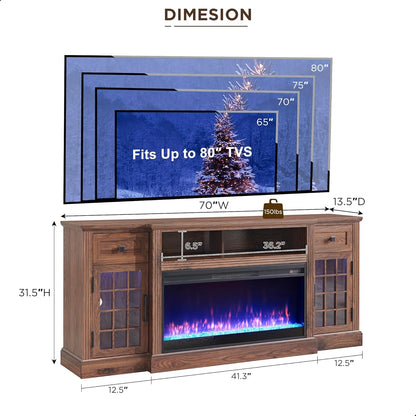 T4TREAM Fireplace TV Stand for 80 Inch TV, Farmhouse Highboy Entertainment Center with 36" Electric Fireplace, LED Lights, Glass Door Cabinet & Storage Drawer, White