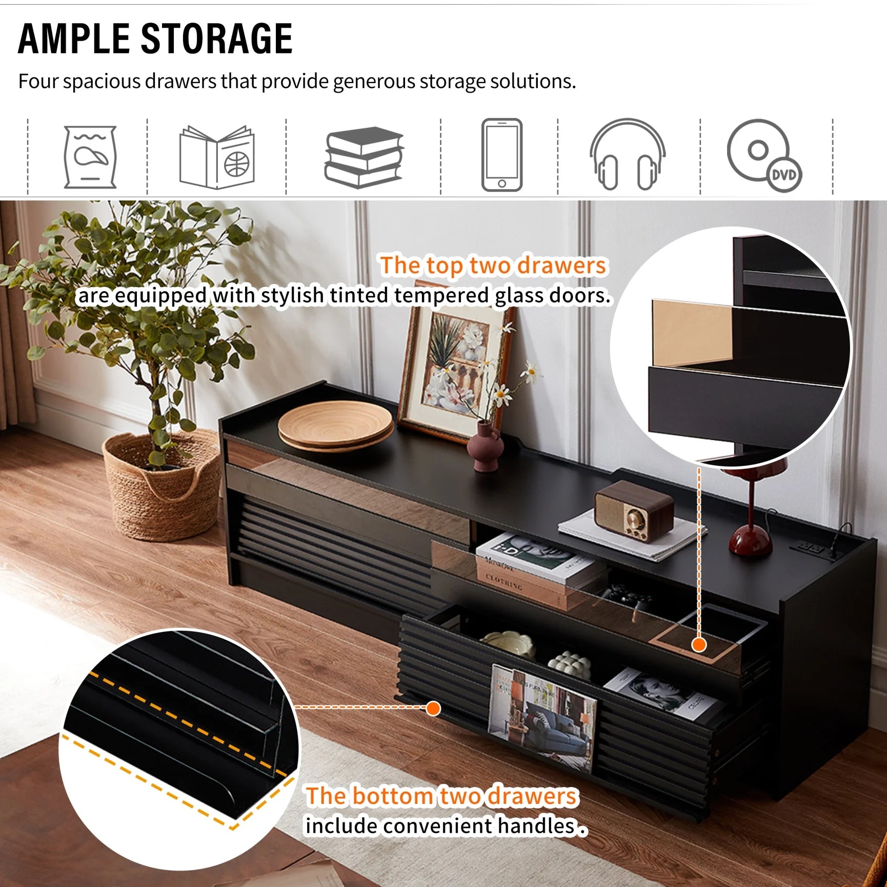 Modern TV Stand with Built-in USB/Type-C Charging & LED Lighting, 4 Tempered Glass Drawers Entertainment Center for 70-79" TVs, Living Room Media Storage Console