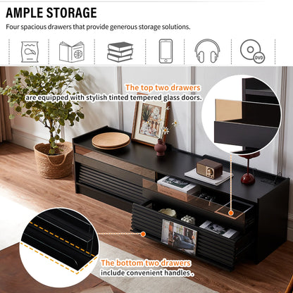 Modern TV Stand with Built-in USB/Type-C Charging & LED Lighting, 4 Tempered Glass Drawers Entertainment Center for 70-79" TVs, Living Room Media Storage Console