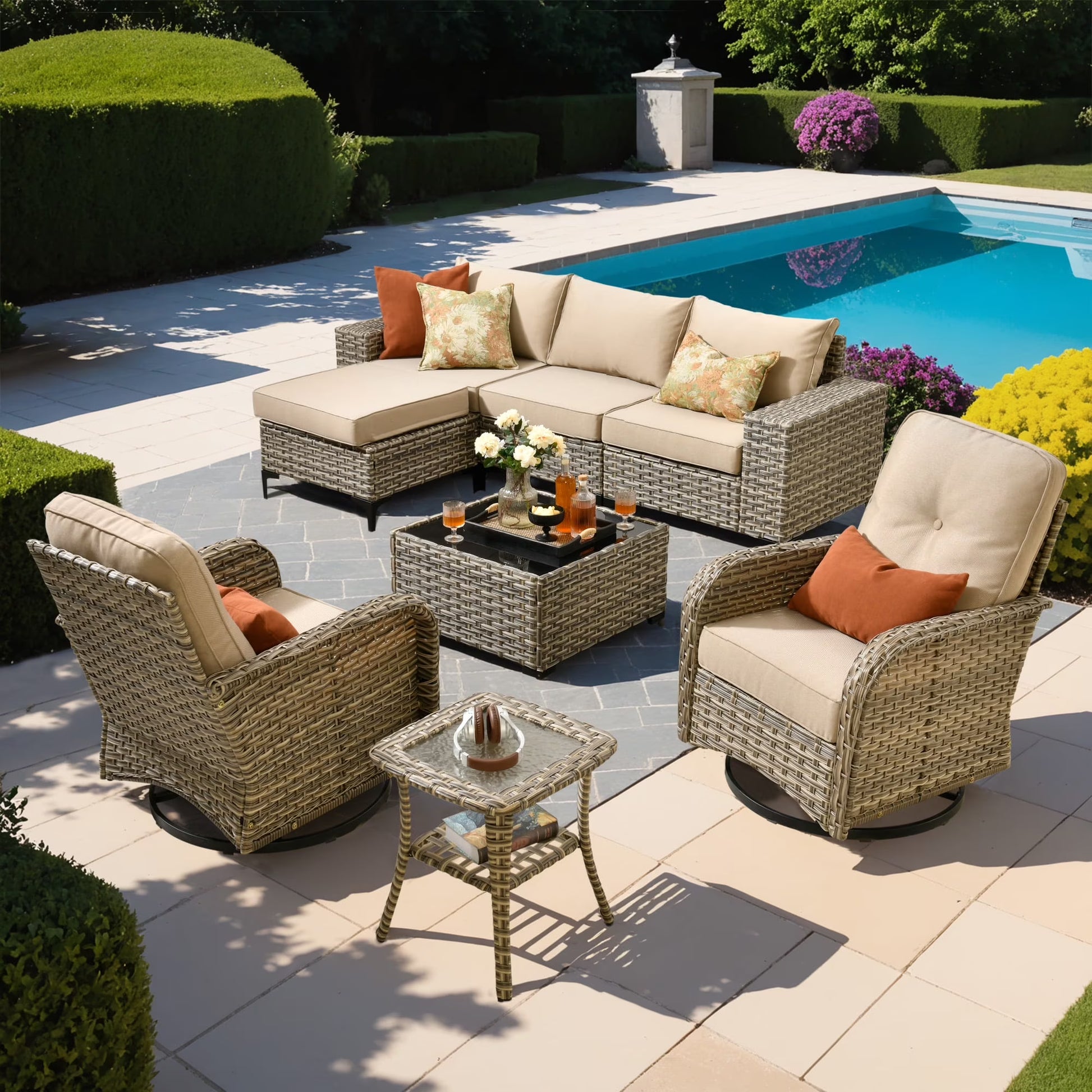 Ovios 8 Pieces Wicker Patio Furniture Sets Outdoor Conversation Sectional Sofa with Swivel Chairs & Glass Coffee Table
