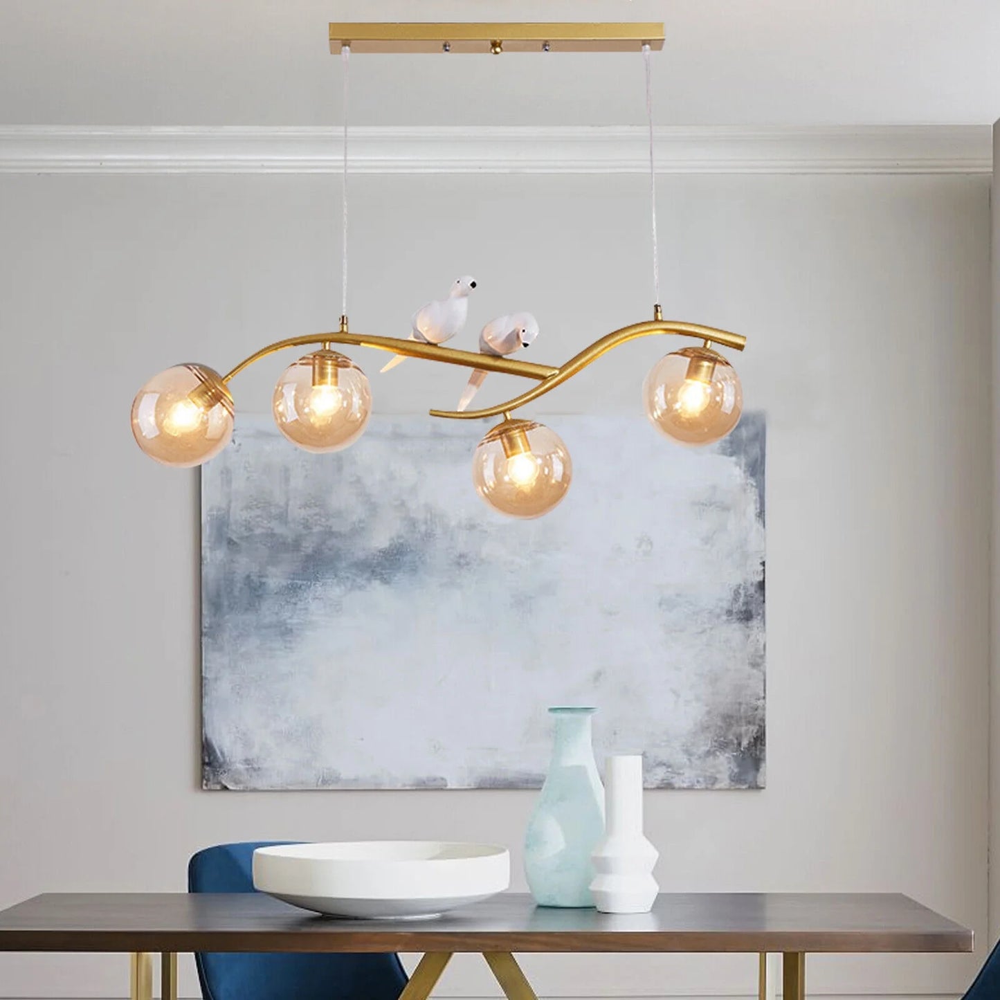 Miumaeov 4-Light Chandelier 2-Birds Modern Ceiling Pendant Light with Gold Glass Ball for Bedroom Living Room Kitchen Dining Room