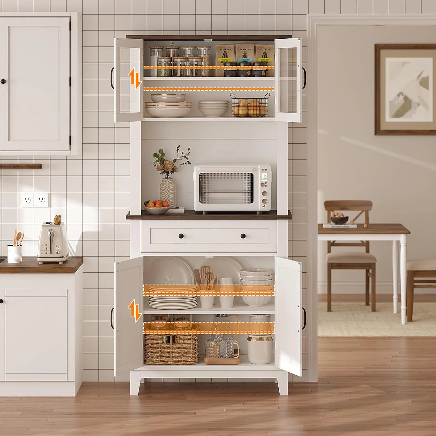 72" White Farmhouse Coffee Bar Cabinet with Storage Drawers & Glass Doors - Kitchen Storage Buffet for Dining Room, Beverage Organizer