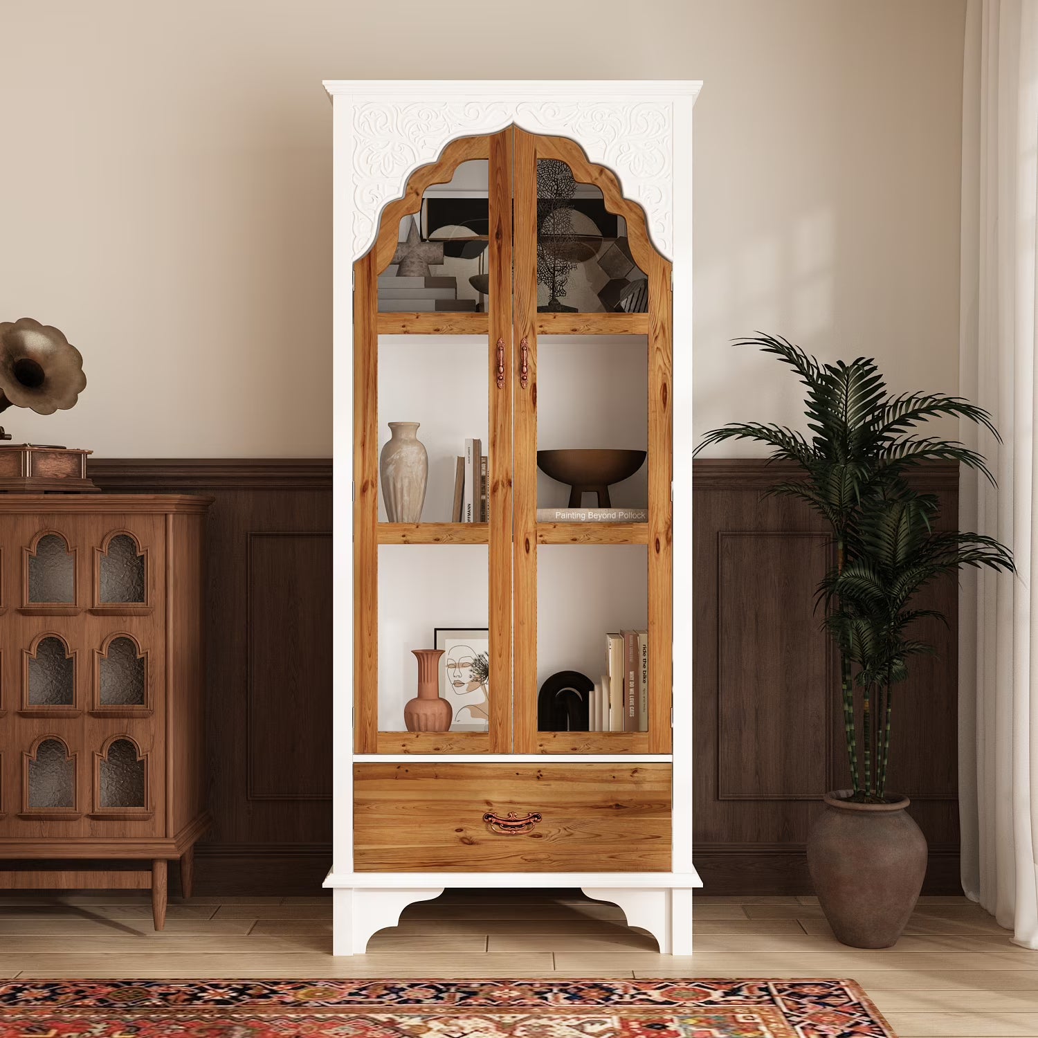 KULAGAGA 70.9-Inch Kitchen Pantry Cabinet with 3 Shelves & Drawer,Corner Storage Display with Carved Glass Doors for Dining Room, White