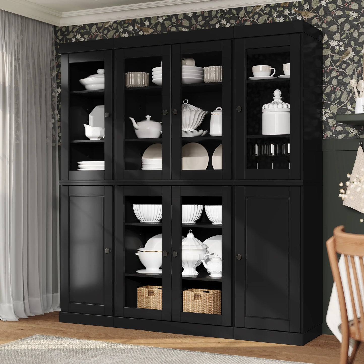 Palace Imports 100% Solid Wood Kitchen Pantry Storage Cabinet with Glass Doors and Adjustable Shelves, Black
