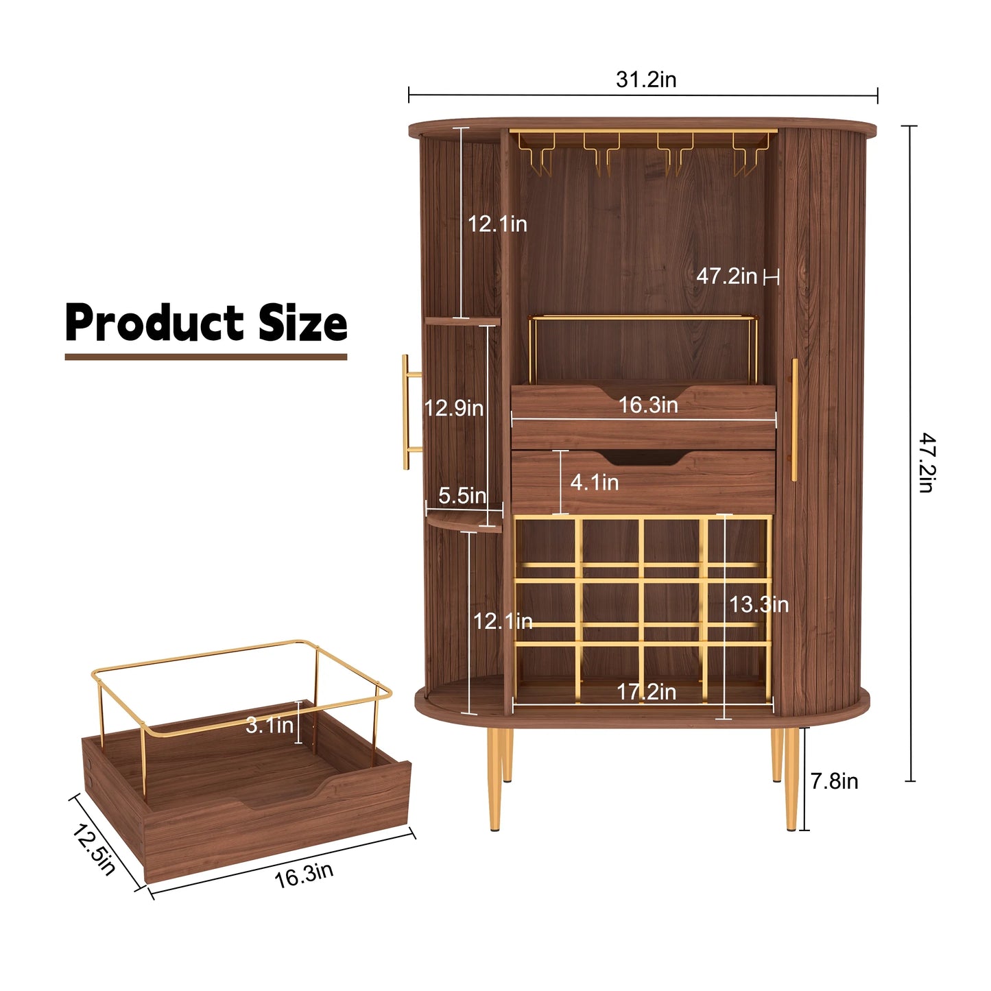 HLR Coffee Bar Cabinet with Tambour Door: Wine Rack, Glass Holder, & Storage Buffet for Home & Living Room Brown