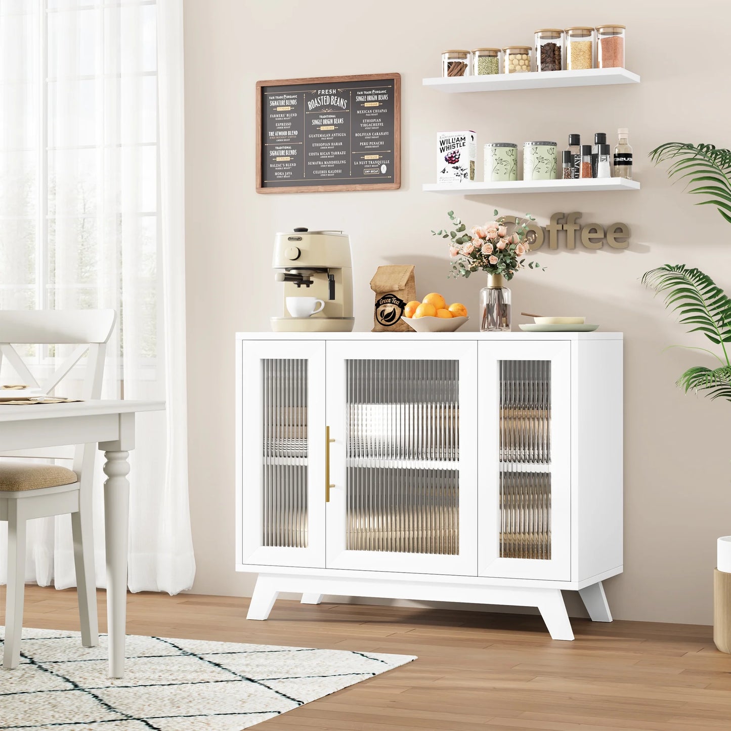 Modern Sideboard Buffet Cabinet with Fluted Glass Doors, 36'' Storage Cabinet with Adjustable Shelf, Wooden Coffee Cabinet, Accent Cabinet for Kitchen, Living Room