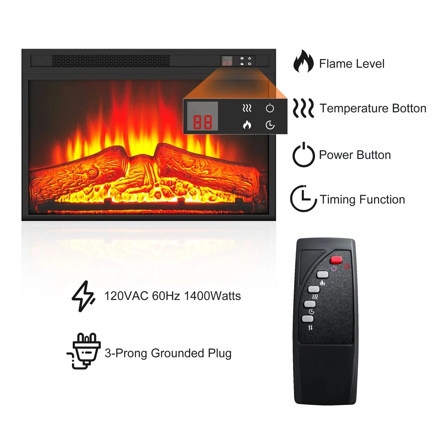 SYNGAR Fireplace Electric TV Stand for 65" TV with LED Light, Modern Entertainment Center With Remote Control Virtual Flame Fireplace, 2 Cabinet Storage, Glass Door, Storage Shelves, Brown