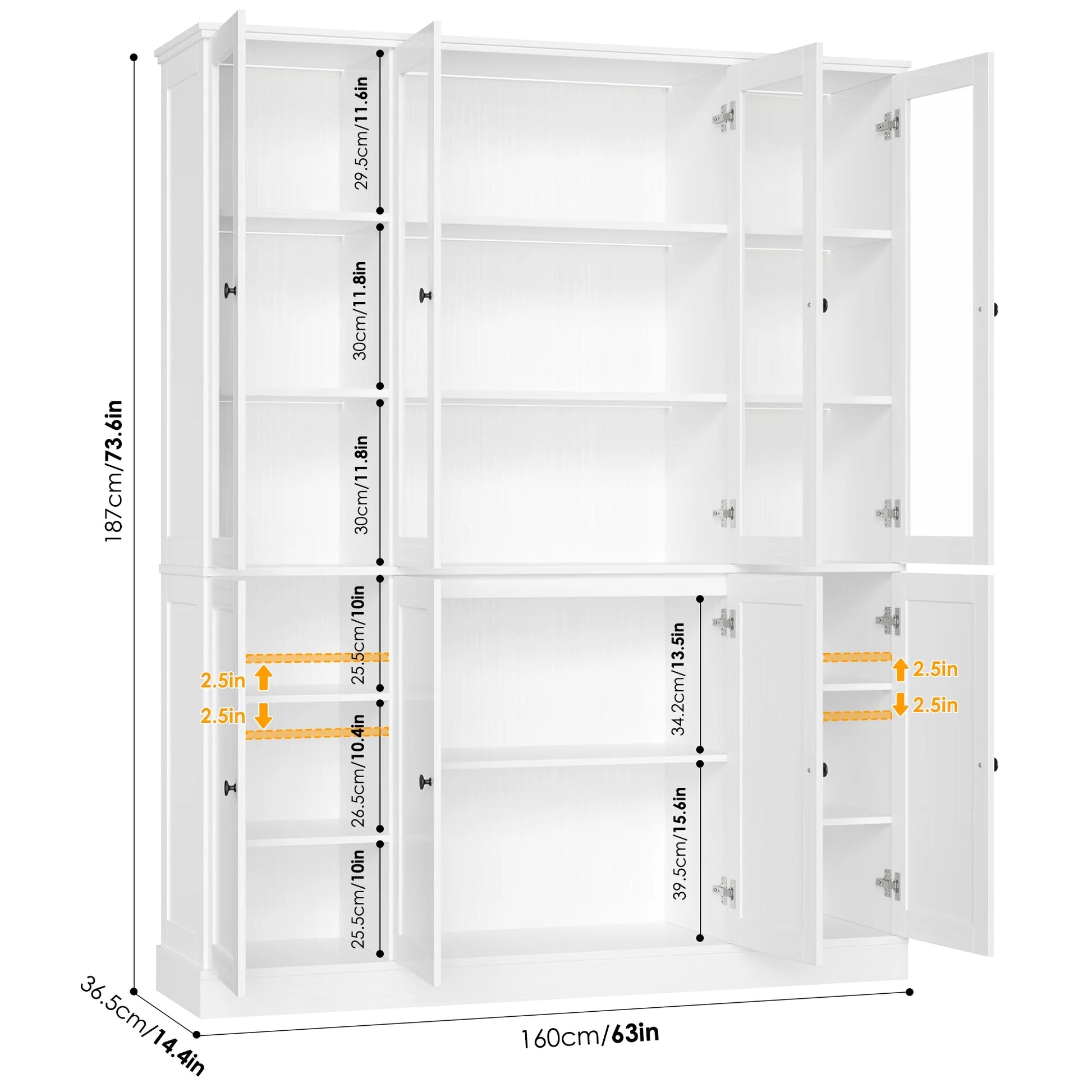 Homfa Kitchen Pantry Cabinet with Glass Doors, 74° Tall Display Cabinets with LED & Adjustable Shelves for Living Room Office, White