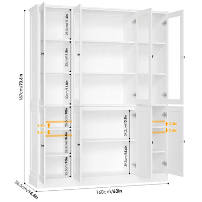 Homfa Kitchen Pantry Cabinet with Glass Doors, 74° Tall Display Cabinets with LED & Adjustable Shelves for Living Room Office, White