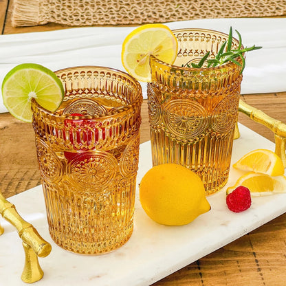 Vintage Textured Amber Striped Drinking Glasses Set of 24, (13 oz) Ribbed Glassware with Flower Design | Cocktail Set, Juice Glass, Water Tumbler