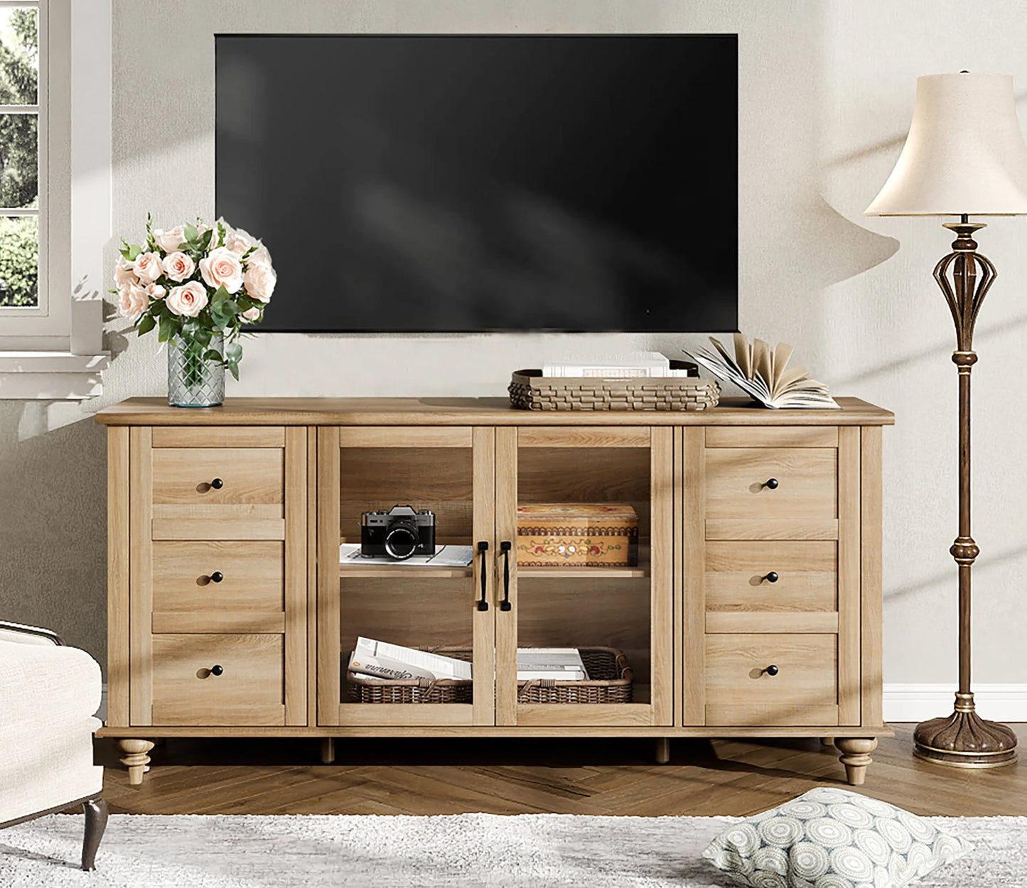 WAMPAT Sideboard Buffet Cabinets with Glass Door, Kitchen Storage Cabinets, Wood Coffee Bar Tables, Accent Sideboard Storage Cabinet Table Dining Room, Living Room,Oak