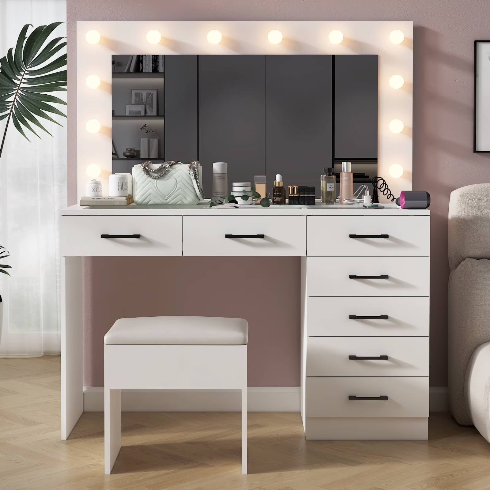 Ktaxon Large Makeup Vanity, Vanity Table Set w/Visible Glass Top w/Charging Station, White