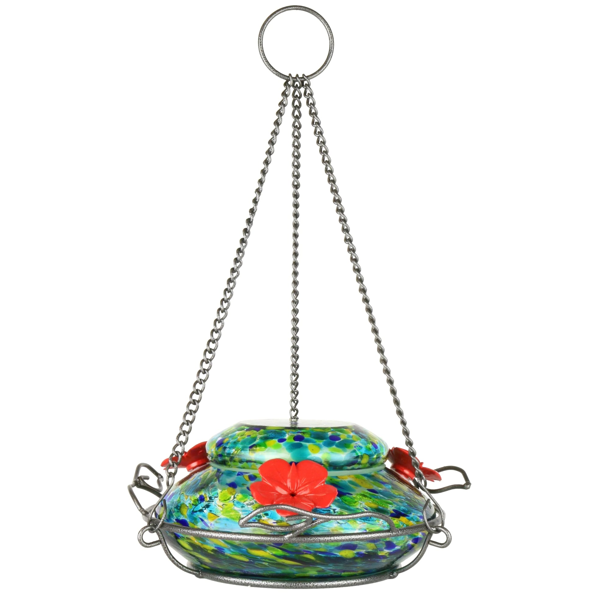 Wild Wings Artisan Glass Solar-Powered Illuminated Top Fill Hummingbird Feeder 16 oz, Blue Spring Rain