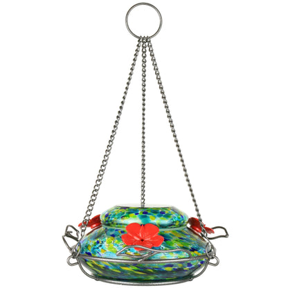 Wild Wings Artisan Glass Solar-Powered Illuminated Top Fill Hummingbird Feeder 16 oz, Blue Spring Rain
