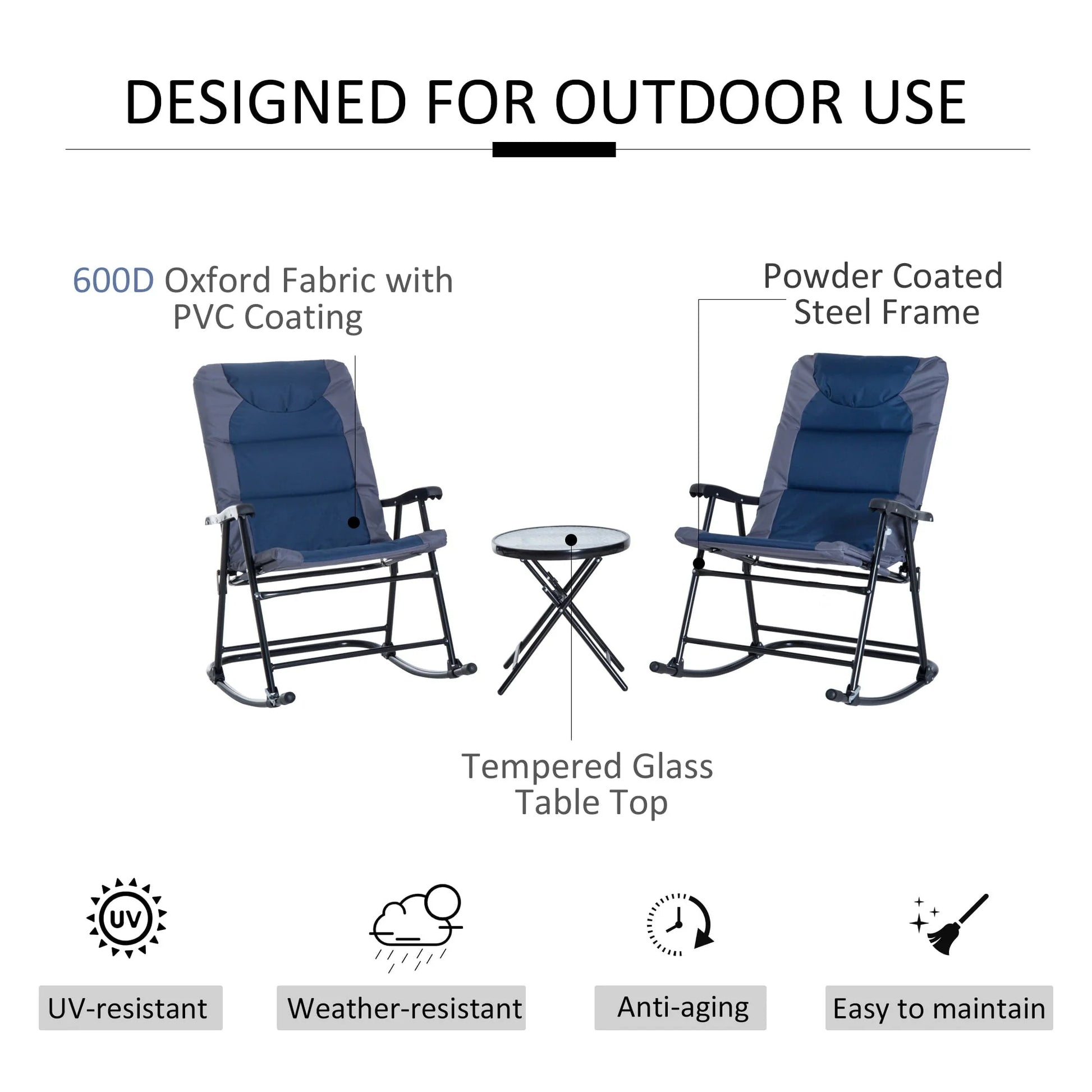 Outsunny 3 Piece Outdoor Patio Furniture Set with Glass Coffee Table & 2 Folding Padded Rocking Chairs, Bistro Style for Porch, Camping, Balcony, Blue