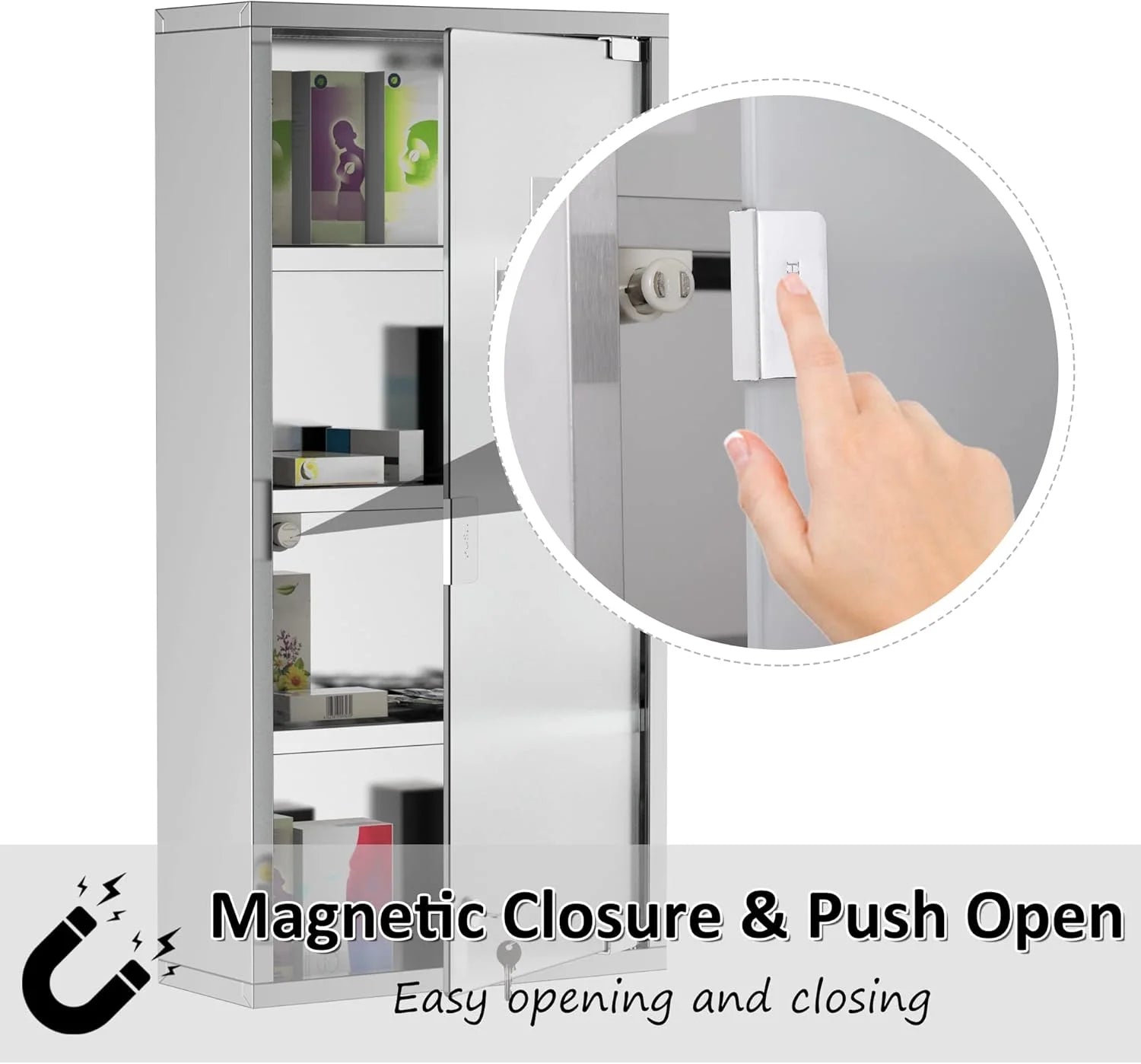 BOBOKY Wall Mounted Medicine Cabinet, Locking Wall Cabinet with 4 Tier Shelves, Stainless Steel Frame and Glass Door, Lockable with 2 Keys, Silver,12" x 24"