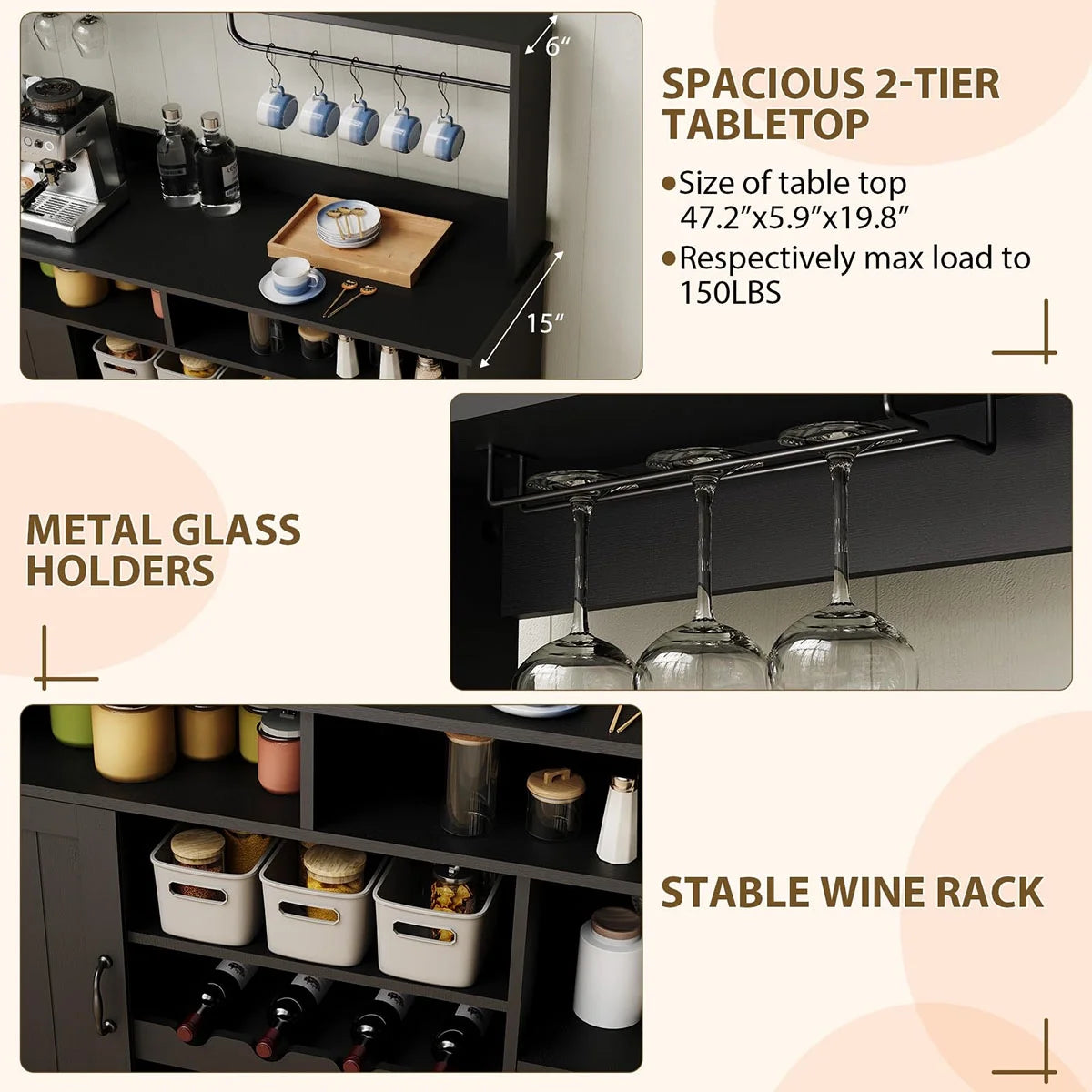Ataucjin Farmhouse Coffee Bar Cabinet with Wine Rack,47''Coffee Bar Station with Power Outlet & Goblet Holder,Hutch Storage Cabinet with Glass Racks & 5 Hooks Sideboard Cabinets for Dining Living Room