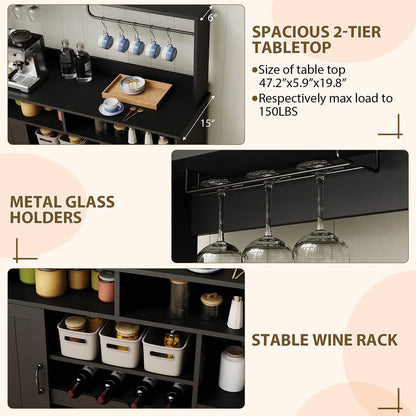 Ataucjin Farmhouse Coffee Bar Cabinet with Wine Rack,47''Coffee Bar Station with Power Outlet & Goblet Holder,Hutch Storage Cabinet with Glass Racks & 5 Hooks Sideboard Cabinets for Dining Living Room