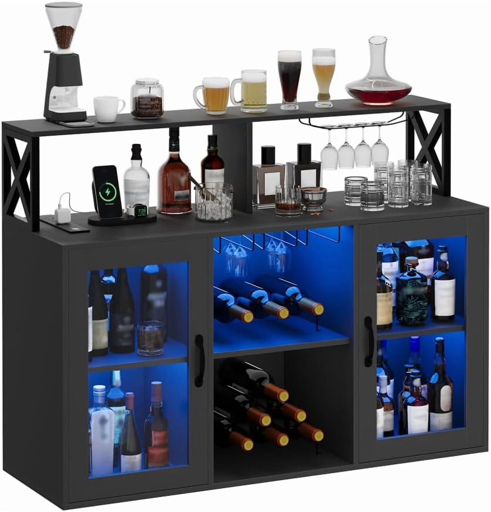 Luku Bar/Liquor Cabinet with Power Outlets Led Lights and Glass Holder, for Home, Kitchen, Gray