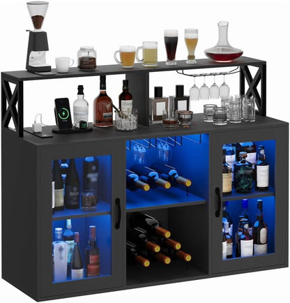 Luku Bar/Liquor Cabinet with Power Outlets Led Lights and Glass Holder, for Home, Kitchen, Gray