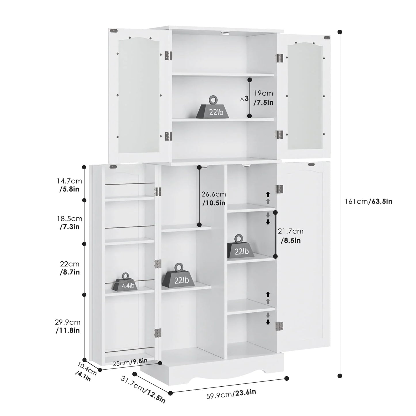 Homfa Kitchen Food Pantry Cabinet, 63.5'' Tall Storage Cabinet with Frosted Glass Doors and Adjustable Shelves, White