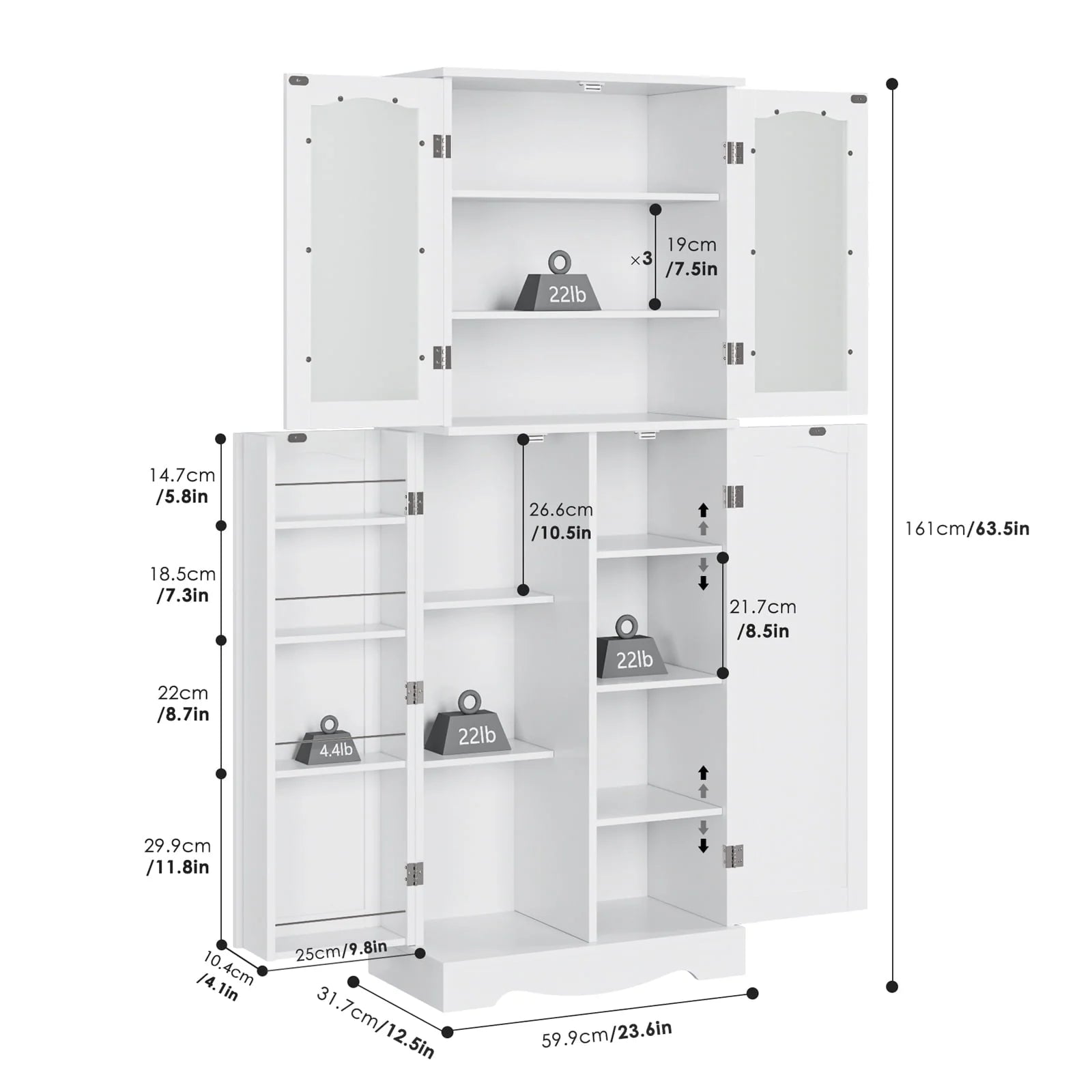 Homfa Kitchen Food Pantry Cabinet, 63.5'' Tall Storage Cabinet with Frosted Glass Doors and Adjustable Shelves, White