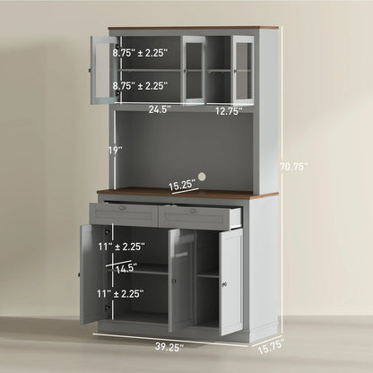 HOMCOM 71" Tall Kitchen Pantry Storage Cabinet with 2 Drawers, Microwave Cabinet with Adjustable Shelves and Glass Doors, Gray