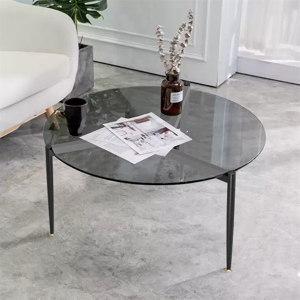 Wisfor Round Tempered Glass Table Coffee Table Steel Novelty Legs for Bedroom Living Room, Gray